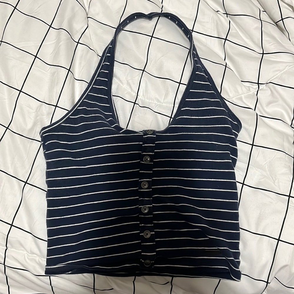 blue and white striped haltered tank top